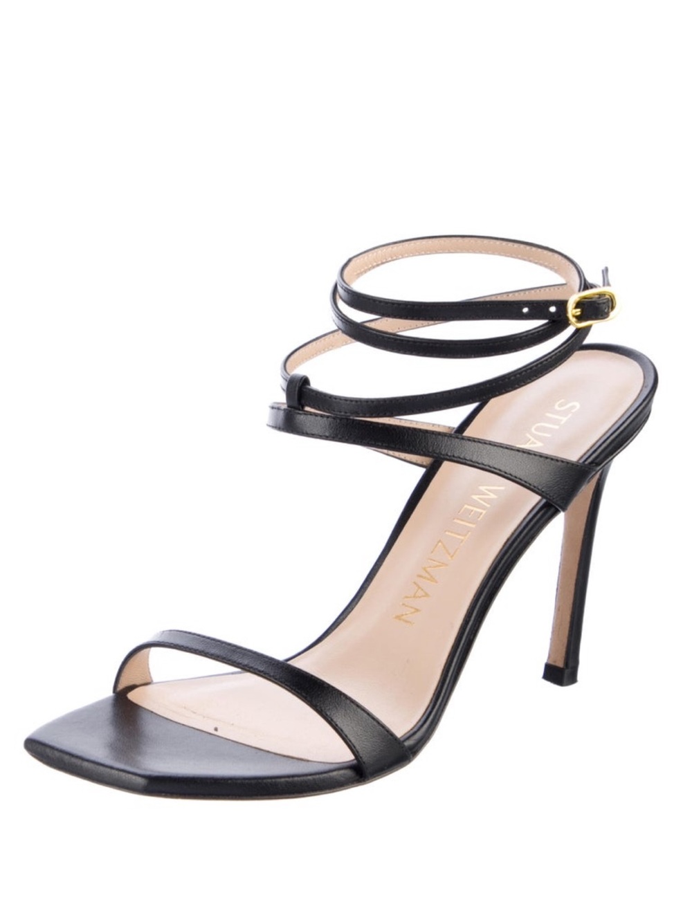 Stuart Weitzman Black Leather Ankle-Strap Stiletto Sandals - Picture 2 of 4